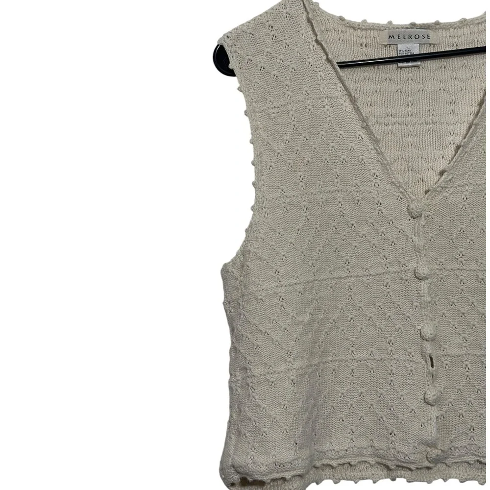 Melrose Vintage Cottagecore Cream Knit Button Front Vest Scalloped Trim SZ Large